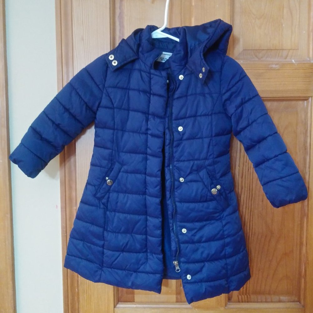 Girls long puffer coat blue 5/6T young dimension